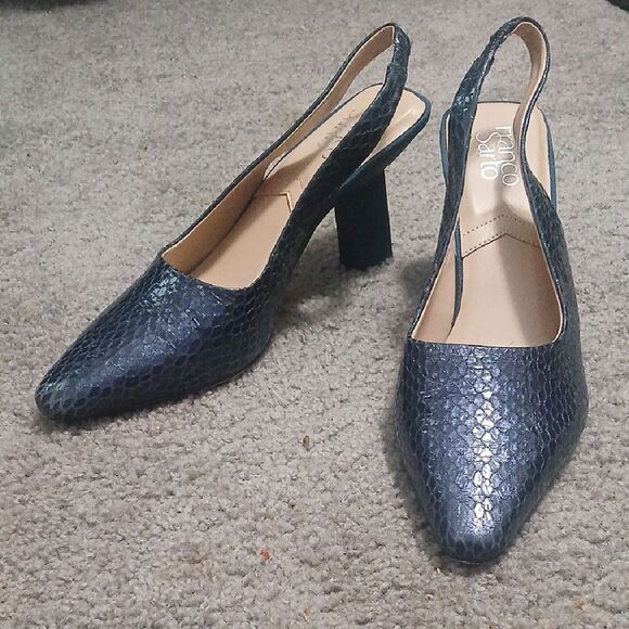 Franco Sarto blue Milano2 snakeskin print Slingback pointed toe heels Sz 10 EUC - Picture 1 of 8